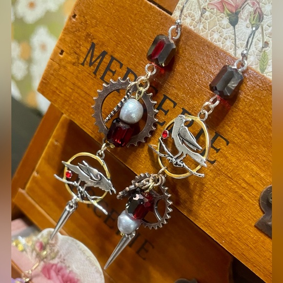 Goth Glam Red and Silver Bird Earrings - Picture 7 of 7